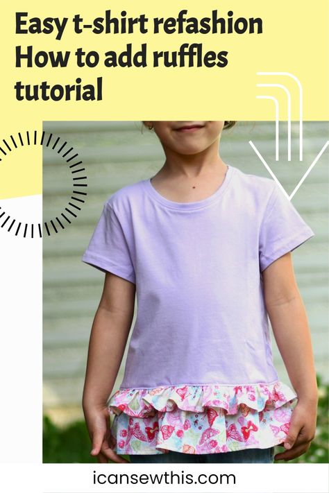 Easy t-shirt refashion. Add some cute ruffles to your toddler’s t-shirt and put into good use your fabric scraps. Here’s how to make your own ruffled t-shirt, with step-by-step photos. This easy and fun sewing project is a great way to upcycle some of your leftover woven or knit fabrics. Ruffles Tutorial, T Shirt Refashion, Diy Ruffle, Girls Clothes Patterns, July Outfits, Sew Simple, How To Make Skirt, Upcycle Shirt, Girlie Girl