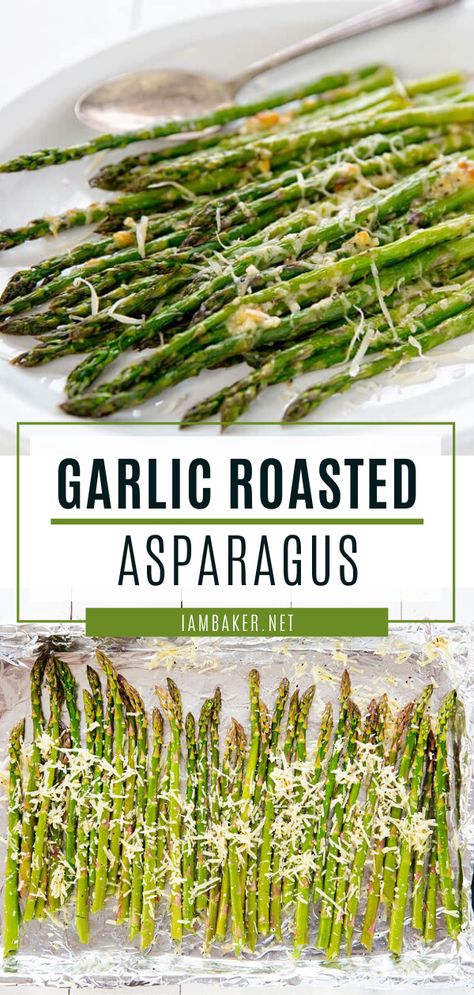 Garlic Roasted Asparagus is a delicious Easter food idea! Low in calories and fat, roasted asparagus is loaded with garlic and parmesan goodness. A quick and easy Easter side dish recipe you can pair with any savory meal for the crowd to enjoy. Save this and try it! Garlic Roasted Asparagus, Parmesan Roasted Asparagus, Roasted Asparagus Recipe, Easter Side Dishes Recipes, Spring Side Dishes, Recipe Menu, Easter Sides, Easy Asparagus Recipes, Asparagus Recipes Roasted