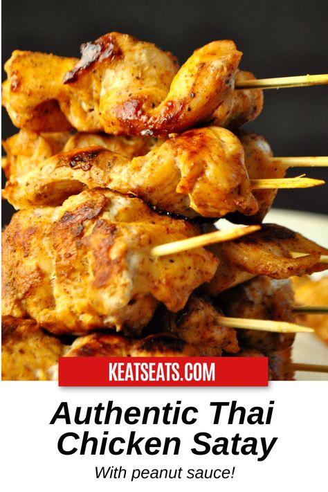 Thai Satay Chicken, Thai Chicken Satay Recipe, Thai Chicken Satay With Peanut Sauce, Thai Authentic Recipes, Thai Food Recipes Authentic, Sate Chicken, Thai Starters, Chicken Satay Marinade, Tai Food Recipes