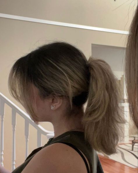 Messy Brown Ponytail, Layered Haircut In Ponytail, Medium Length Haircut Ponytail, Layered Hair Ponytail Medium, Wolfcut In Ponytail, Ponytail With Layered Hair, Layers In Ponytail, Layered Hair In A Ponytail, Wolf Cut In A Ponytail