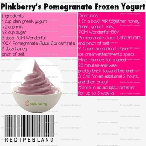 Pinkberry Frozen Yogurt, Diy Frozen Yogurt, Frozen Yogurt Recipe, Frozen Fruit Recipes, Frozen Yogurt Recipes, Pomegranate Recipes, Ice Cream Maker Recipes, Yogurt Recipe, Frozen Dessert Recipe