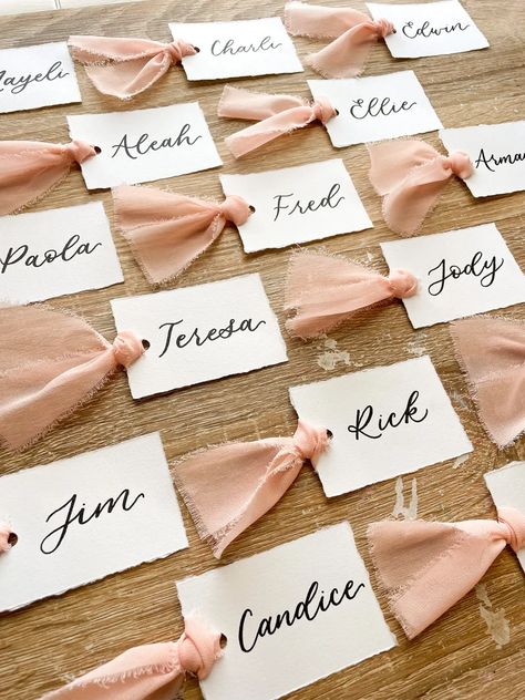 Handmade Paper Place Cards With Ribbon Hand Written - Etsy Hand Written Name Cards, Place Cards With Ribbon, Ribbon Place Cards, Handmade Paper Place Cards, Cards With Ribbon, Calligraphy Place Cards, Chiffon Ribbon, Paper Place, Hand Written