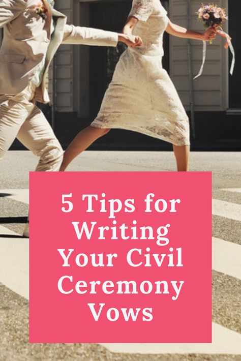 Civil wedding ceremonies can be an intimate and personal way to celebrate your commitment into marriage. One of the most meaningful ways you can personalize your wedding is by writing your own wedding vows. Here’s how you can write your civil wedding ceremony vows in five easy steps. #civilwedding #weddingplanning #weddingguide Nontraditional Wedding Vows, Wedding Ceremony Vows, Wedding Writing, Winter Wedding Flowers Bouquets, Ceremony Vows, Country Wedding Ceremony, Burgundy Wedding Centerpieces, Civil Dress, Wedding Vows Examples