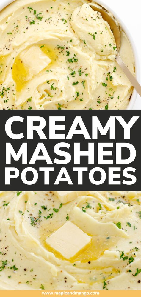 Calling all potato lovers! Learn how to whip up the most delicious creamy mashed potatoes. These homemade mashed potatoes are so easy to make since the KitchenAid mixer or stand mixer does all the hard work in this recipe. Rich, buttery, smooth and creamy – this is comfort food at its finest and a simple side dish that is sure to put smiles on faces! | www.mapleandmango.com Creamy Mashed Potatoes Recipe, Easy Roast, Perfect Mashed Potatoes, Vegan Mashed Potatoes, Easy Mashed Potatoes, Fluffy Mashed Potatoes, Easy Roast Chicken, Homemade Mashed Potatoes, Best Mashed Potatoes