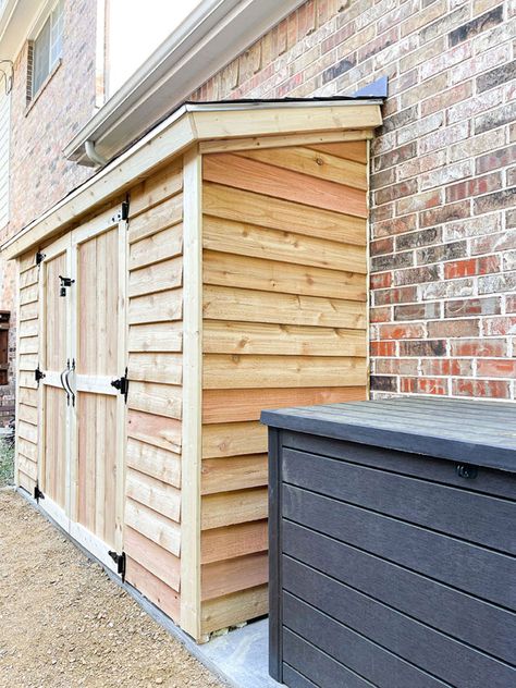 Our lean to DIY Cedar Garden Shed for landscaping storage in our backyard. 2 Sheds In Backyard, Shed Small Backyard, Shed Connected To House, Side Yard Storage Shed, Push Mower Storage Shed, Surf Shed Ideas, Outdoor Closet Ideas, Workshop Shed Ideas, Diy Lean To Shed Against House