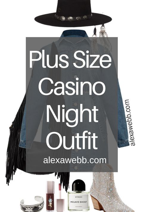 Plus Size Casino Outfits - A plus size outfit for a night out with a denim dress, crystal rhinestone Western booties, a fringe boho bag, and rancher hat by Alexa Webb Casino Night Party Outfit Plus Size, Casino Night Fundraiser Outfit, Plus Size Las Vegas Outfit Winter, Casino Night Theme Party Outfit, Poker Outfit Women, Plus Size Casino Night Outfit, Casino Themed Party Outfit, Casino Royale Outfit, Casino Theme Party Outfit Women