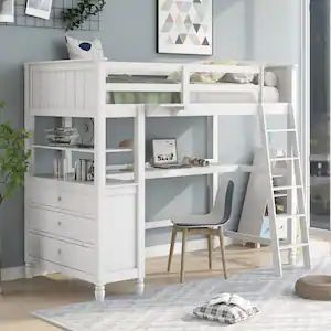 Multifunction White Twin Size Wood Loft Bed with Desk, Shelves and Drawers Wooden Loft Bed, Wooden Loft, Loft Bed With Desk, Loft Bed Frame, Twin Size Loft Bed, Bed With Desk, Box Springs, Twin Loft Bed, Bed Shelves