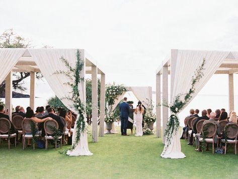 Shaded Wedding Ceremony, Outdoor Backyard Wedding Ceremony, Hawaii Backyard, Canopy Draping, Wedding Canopy Outdoor, Canopy Wedding, Whimsical Theme, Wedding Platform, Backyard Wedding Ideas