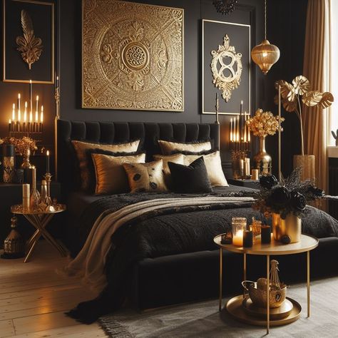 Black and Gold Bedroom Personal Touches Black And Gold Bedroom Ideas, Black And Gold Bedroom, Gold Bedroom Ideas, Dark Romantic Bedroom, Bronze Bedroom, Bedroom Glam, Terrace Room, Academia Bedroom, Bedrooms For Couples