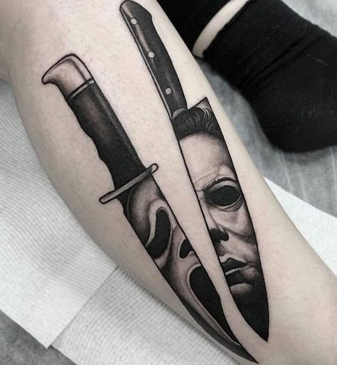 Chucky Knife Tattoo, Michael Myers Knife Tattoo, Horror Reference, Koch Tattoo, G59 Tattoos, Michael Myers Tattoo, Courage Tattoos, Horror Tattoos, Emo Tattoos