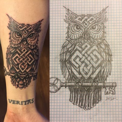 Celtic Knotted Owl with key a drawing by Daniel Bryant Tattoo by Black Cloud Tattoo in Charlotte, NC Viking Owl Tattoo, Celtic Owl Tattoo Design, Celtic Owl Tattoo, Native American Tattoo Symbols, Maze Tattoo, Celtic Quilts, Owl Tattoo Chest, Owl Tat, Tattoo Owl