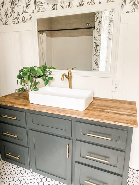 Vanity With Top Sink, Vessel Bathroom Sink Vanity, Bathroom Sink Vessel Ideas, On Top Sink Bathroom, White Vanity With Vessel Sink, Bathroom With Wood Countertop, Raised Bathroom Sinks, White Vanity With Wood Top, Butcherblock Countertop Bathroom