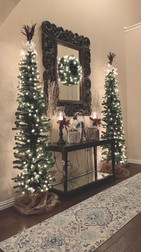 Foyer Christmas Trees, Split Level Entryway Christmas Decor, Cheap Christmas Decor Ideas For The Home, Christmas Decor Ideas Entry Way Table, Sideboard Buffet Christmas Decor, Christmas Tree In Hallway, Rustic Xmas Tree Ideas, Hallway Christmas Tree, Farmhouse Chic Christmas Tree