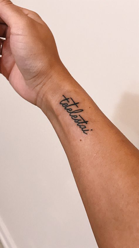 Our debt has been paid. Tetelestai - It is finished. Christian Girl Tattoos, Tetelestai Tattoo, Christian Tattoos Small, Forearm Tattoo Quotes, Biblical Tattoos, Tatuagem Masculina Pequena, Verse Tattoos, Fonts Quotes, Tattoo Schrift