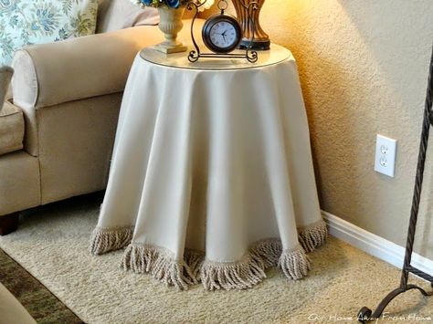 Small Round Table Cloth, Diy Table Skirts, Round Console Table, Round Table Decor, Linen Curtain Panels, Fringe Fabric, Make A Table, Round Table Covers, Table Skirt