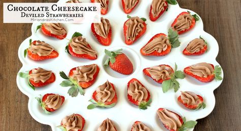 Creamy chocolate cheesecake filling is perfectly flavored and whipped, then spread unto strawberries for an elegant appetizer.  Move over deviled eggs! Deviled Strawberries, Bunco Ideas, Wedding Foods, Creamy Chocolate Cheesecake, Wedding Appetizers, Elegant Appetizers, Dessert Aux Fruits, Valentine Desserts, Cheesecake Filling