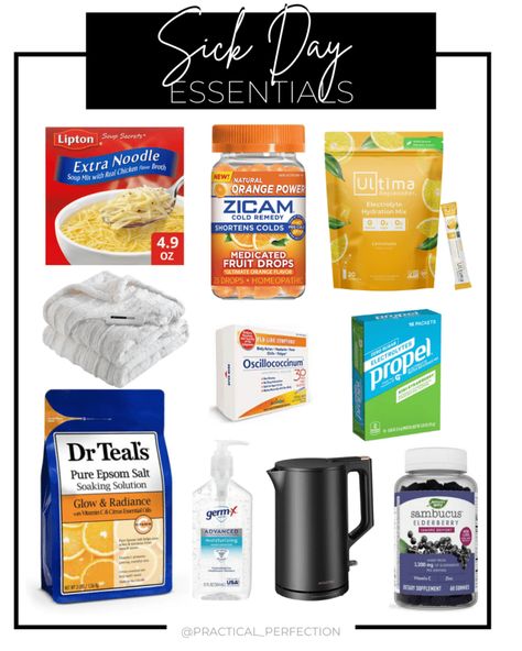 The Ultimate List of Sick Day Essentials - Practical Perfection Sick Basket, Sick Prevention, Sickness Prevention, Get Well Basket, Organizing Hacks Dollar Stores, Prevent Sickness, Sick Day Essentials, Honey Lemon Water, Sick Time