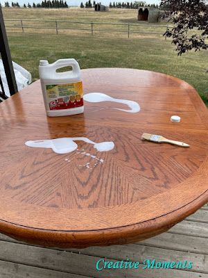 Restained Kitchen Table, Pedestal Table Dining Room, Pedestal Kitchen Table Makeover, Wood Table With Painted Chairs, Revamp Dining Table, Kitchen Table Makeover Ideas, Restaining Kitchen Table, Dining Table Refurbish Ideas, White Washed Dining Table