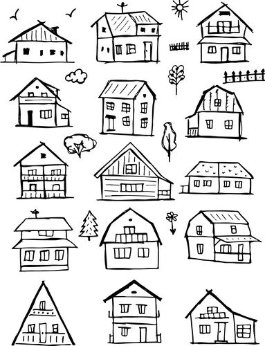 Doodle home set hand drawn cute houses Royalty Free Vector Doodle Houses Drawing, House Doodles Simple, How To Draw Houses, Cute Room Drawing, Houses Doodle, Zentangle Houses, Cute House Drawing, Doodle Houses, Doodle House