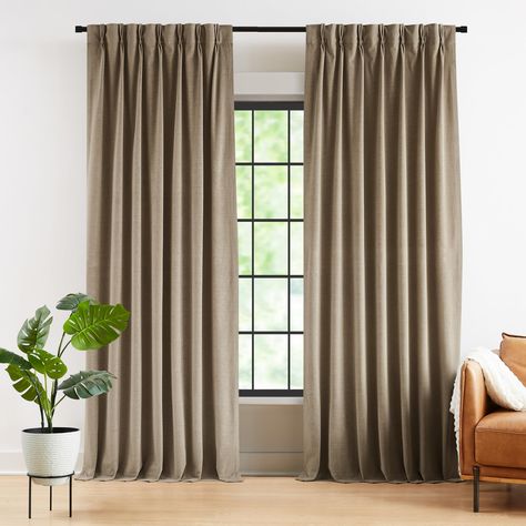 PRICES MAY VARY. Ready Made: 100% polyester embossed chenille like super soft velvet. Each package contains 2 panel curtains measuring 38"W and 84"L(76" wide in total). 22 free hooks are included. No Rings. Room Darkening: Curtains provide 60-70% blackout light filtering effect, which can blocking most sunlight and uv ray and let a litter light through into the house, giving you a good environment of TV watcing and sleeping. Elegant & Decorative: 7 sewn-in double pleats on the top add unique ele Light Tan Curtains, Living Room Curtains Ideas Color Schemes, Home Office Curtains, Modern Curtains Living Room, Warm Industrial Living Room, Pinch Pleated Curtains, Olive Green Curtains, Taupe Curtains, Curtains Living Room Modern