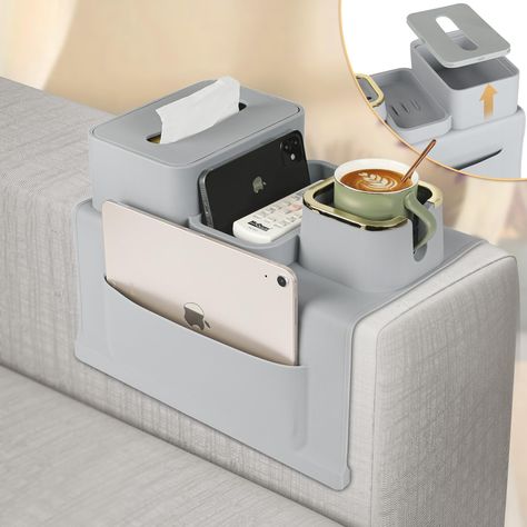 PRICES MAY VARY. 🧳 Ample Storage for Your Essentials - Designed for those needing generous storage space, our couch caddy features large storage pockets on both sides. Perfect for storing remotes, chargers, glasses, snacks, and more. The built-in cup holder and accessory tray keep items secure, ensuring organized convenience without spills. 🤲 Simplify Your Couch Time - Organizing your TV lounge is effortless with our dual-sided couch drink holder. This silicone tray keeps small to mid-size ess Cool Gadgets For Home, Trays For Ottomans Living Rooms, Remote Storage Ideas, Tray For Ottoman Living Rooms, Cute Things To Buy On Amazon, Camper Must Haves, Cool Home Gadgets, Couch Caddy, Couch Cup Holder