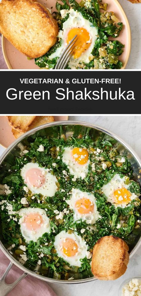 A modern version of the Middle Eastern recipe, green shakshuka is a delicious dish with cracked eggs over a medley of green vegetables. It's vegetarian & gluten-free! Green Shakshuka is a hearty, nutrient-dense recipe that’s guaranteed to power up your day. Green Shakshuka Recipe, Traditional Shakshuka Recipe, Green Shakshuka, Eastern Recipe, Galveston Diet, Green Leafy Vegetables, Shakshuka Recipes, Middle Eastern Dishes, White Bean Soup