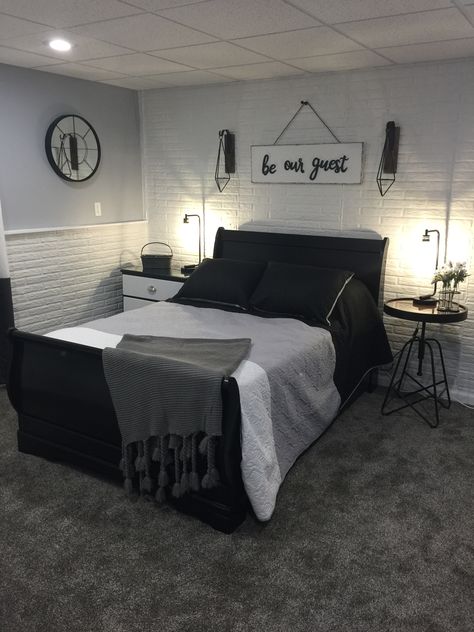 Grey Room With Black Furniture, Black White Grey Cream Bedroom, Guest Bedroom Ideas Black And White, Room Ideas Aesthetic Black And Grey, Black Backboard Bedroom, Black Bed Frame With White Furniture, Small Black And White Bedroom Ideas, Black And White Guest Bedroom Ideas, Gray Black White Bedroom