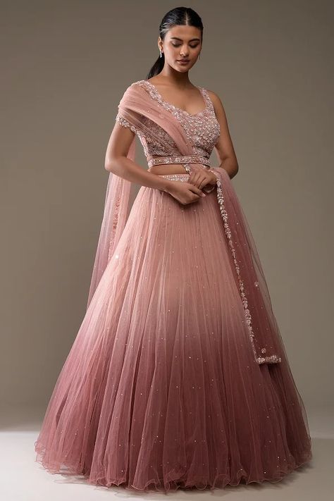 Buy Wine Purple Ombre Sequins Embroidered Net Designer Lehenga Online | Samyakk Trending Lehenga Designs, Engagement Lehenga, Indian Bridesmaid Dresses, Unique Bridesmaid Dresses, Dusty Peach, Rose Taupe, Bridal Lehenga Designs, Simple Lehenga, Lehenga Design