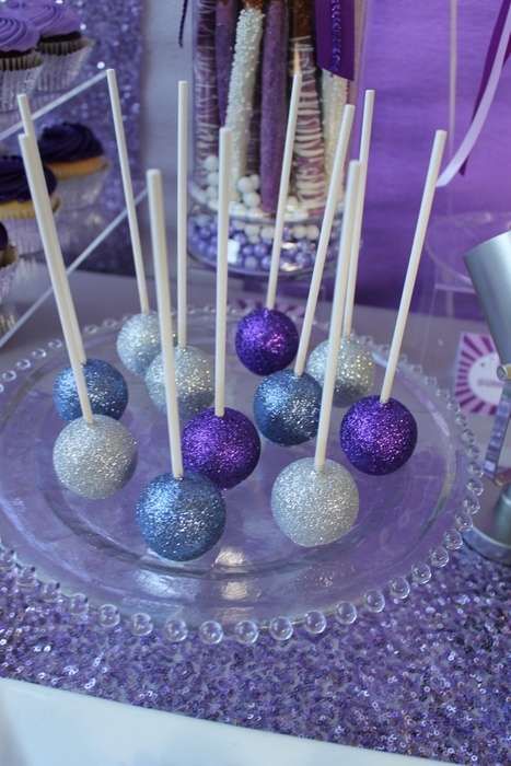 Sparkly cake pops at a dance birthday party!  See more party planning ideas at CatchMyParty.com! Euphoria Party Ideas Cake, Euphoria Themed Snacks, Euphoria 18th Birthday Party, Euphoria Birthday Party Ideas Cake, Euphoria Themed Cake, Purple Themed 18th Birthday Party, Euphoria Themed Desserts, 18th Birthday Party Ideas Euphoria, Euphoria Cake Ideas