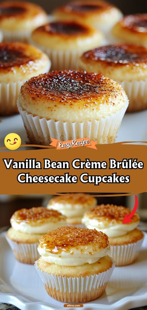 These cupcakes merge the elegance of crème brûlée with the creaminess of cheesecake, featuring a rich vanilla bean flavor that's simply irresistible. #CheesecakeCupcakes #VanillaBean #LuxuryDessert Vanilla Bean Creme Brulee Cheesecake, Creme Brûlée Cupcakes, Creme Brulee Cupcakes Recipe, Vanilla Bean Crème Brûlée Cheesecake Cupcakes, Vanilla Bean Crème Brûlée Cupcakes, Recipes Using Vanilla Beans, Cream Brulee Cheesecake, Creme Brulee Cupcakes, Vanilla Bean Recipes