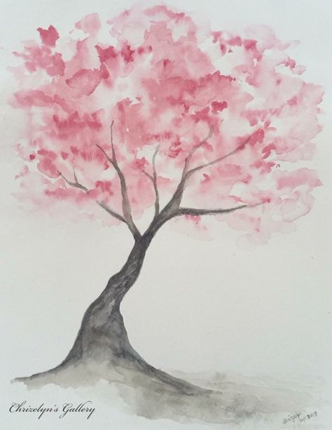 Watercolor Drawing Reference, Watercolor Art For Beginners Jellyfish, Watercolour Cherry Blossom Tree, How To Paint Sakura Tree, Sakura Tree Watercolor Painting, Blossom Tree Watercolour, Sakura Flower Watercolor, Easy Sakura Painting, Water Coloring Painting Ideas Beginner