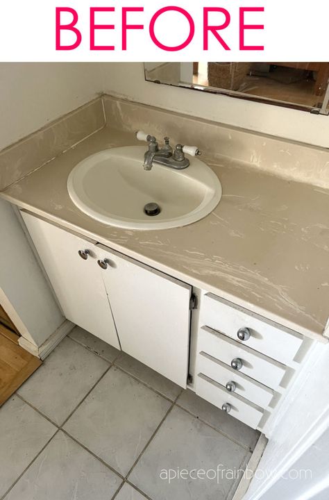 How to paint bathroom countertop & sink, and refinish old formica or laminate vanity top into white or marble finish. Great idea for a super easy budget remodel! - A Piece of Rainbow, D}Y, home improvement, fixer upper, remodeling, before after, modern, farmhouse, boho, interior design, transformation Painting Bathroom Sinks, Painting Bathroom Countertops, Diy Bathroom Vanity Makeover, Counter Top Sink Bathroom, Painted Vanity Bathroom, Countertop Makeover, Paint Bathroom, Vanity Makeover, Bathroom Vanity Makeover