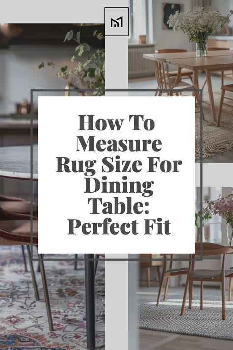 Discover how to measure rug size for your dining table to ensure a perfect fit. Learn the rule of thumb for selecting a rug that extends at least 24 inches beyond the table on all sides, allowing chairs to remain on the rug even when pulled out. This guide provides instructions on measuring your dining area and table, and tips on choosing a rug shape that complements your room's dimensions and furniture layout. Round Dining Table Rug Size Guide, Rug Under Square Dining Table, Dining Room Table Rug Size, Kitchen Table Area Rug, Size Rug For Dining Table, Dining Area Rug Ideas, How To Style A Round Dining Table, Rug Under Dining Table Size, Dining Table Rug Size Guide