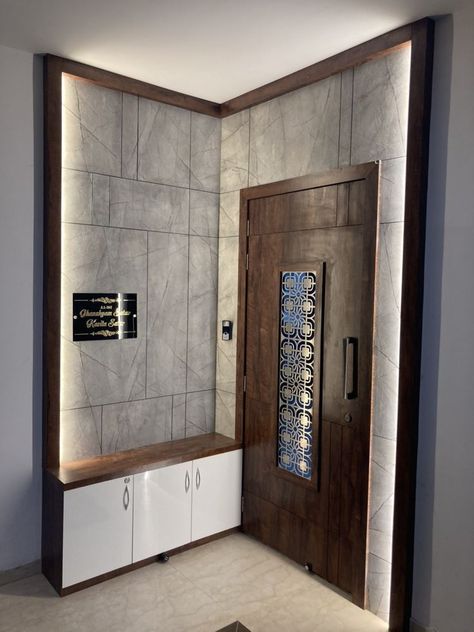 Main Door Lobby Design, Flat Door Entrance Ideas, Simple Safety Door Designs, Main Door Design For Flats, Main Door Entrance Wall Tiles, Sefty Door Design Home, Entrance Lobby Design Residential Flat, Safety Door Design Entrance Modern For Flat, Modern Entrance Lobby Design Residential