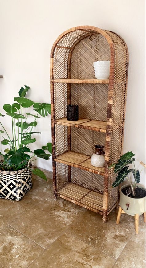 Arched Wicker Bookcase, Arched Rattan Shelf, Wicker Bathroom Shelf, Arch Rattan Shelf, Rattan Arch Shelf, Bedroom 2023, Dark Green Living Room, Rattan Shelf, Dark Green Walls