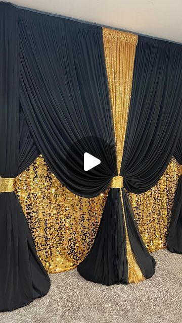 CustomEventCreations | Michigan on Instagram: "Father’s Day backdrop idea with black and gold drapes #fathersday #michiganeventdesigner #detroiteventdecorator #detroiteventdesigner" Diy Masquerade Decorations, Hot Pink Birthday Decorations, Sewing Curtains Valance, Church Stage Design Ideas Backdrops, Black And Gold Curtains, Masquerade Decorations, Black And Gold Party Decorations, Tulle Backdrop, Draping Ideas