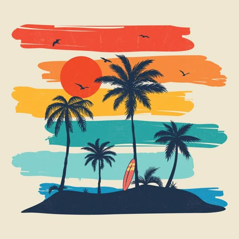 Beach Graphics, Logo Fleur, Sunshine Beach, Tree Sunset, Palm Tree Sunset, Summer Wall Art, Beach Illustration, Beach Tattoo, Summer Paradise