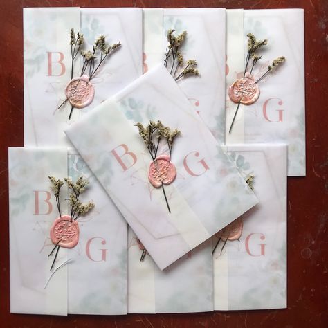 Blush Pink Invitation 🌸 Printed Parchment Paper + wax seal + dried flower Wax Paper Invitations, Parchment Wedding Invitations, Wedding Invitations Dried Flowers, Wax Seal With Dried Flower, Wed Invitation, Pink Invitation, Dried Flowers Wedding, Creative Invitations, Bridal Tea