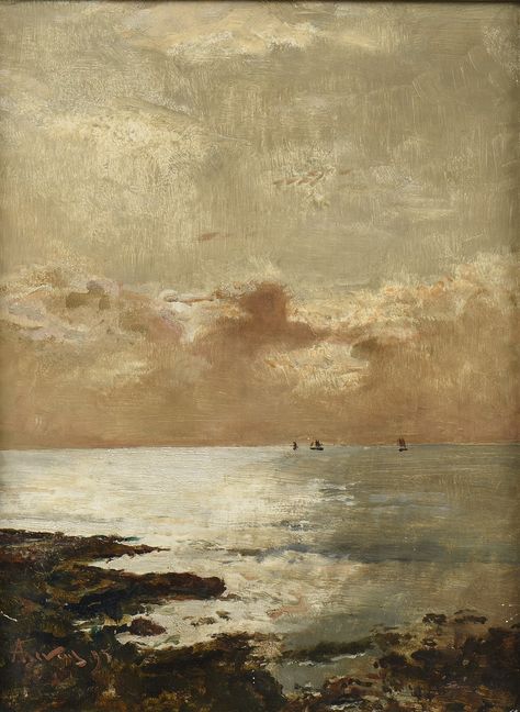 Marine, 1895, Alfred Stevens. Swedish (1823 - 1906) - Oil on Mahogany Panel - Alfred Stevens, The Ocean, Boats, Oil Painting, Water