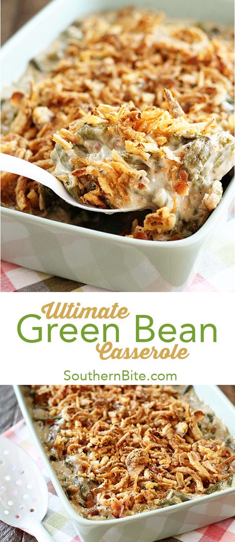 This recipe for Green Bean Casserole takes the classic dish up a notch by adding bacon, mushrooms, and cheese! It's a new Thanksgiving must-have! Recipe For Green Bean Casserole, Ultimate Green Bean Casserole, Thanksgiving Diner, Cheesy Green Beans, Cheesy Green Bean Casserole, Greenbean Casserole Recipe, Bacon Stuffed Mushrooms, Green Bean Casserole, Thanksgiving Sides