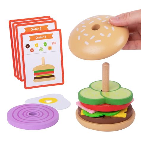 PRICES MAY VARY. 🍔 BIG MAC BURGER - Includes lettuce, beef, onion, cheese, bacon, tomatoes, egg, cucumber, bun on top and base. Rich and realistic food and real size add more fun to kids games. Create a burger sequencing stacker. 🥓 ORDER CARDS - 5 Double-sided printed cards including 10 orders, kids can make burgers by matching ingredients to customers' orders. Wooden burger toys are a great addition to kitchen games. 🧀 MONTESSORI EDUCATIONAL TOYS - Burger stacking toys can help children reco Real Burger, Burger Order, Food Hamburger, Order Cards, Montessori Educational Toys, Burger Toppings, Kitchen Games, Food Toys, Toy Food