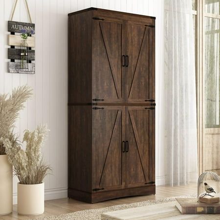 Large Storage Cabinet : Size:15.7D*31.5W*71H. Inside our high cabinet are 5 Layers Adjustable Shelves, and each partition can be adjusted in 3 levels. The storage space is huge and the dividers can be adjusted to suit the height of your items. Very flexible. Sturdy & Durable : This farmhouse wood storage cabinet is made of premium engineered wood and metal, equipped with a sturdy base and anti-tipper.The top board and middle layer board are 25mm thickened to make the board stronger.ensuring strength and impressive load-bearing capacity. The durable aluminum alloy handle adds a touch of sophistication. Farmhouse Storage Cabinet :Our barn door storage cabinet have beautiful metal buckles installed in every corner.In order to be closer to the natural texture, our storage cabinets use distress Extra Pantry Storage Cabinets, Tall Cabinet Storage Kitchen, Tall Storage Cabinets With Doors, Wood Pantry Cabinet, Diy Pantry Cabinet, Farmhouse Pantry Cabinets, Modern Farmhouse Sideboard, Storage Cabinet Ideas, Storage Cabinet For Kitchen