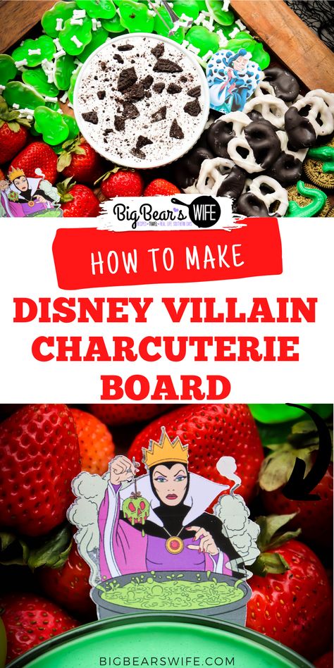 We're celebrating all of the Disney Villains with this Disney Villain Charcuterie Board! It is a fun Disney Snack board to celebrate our favorite Villains for Halloween! via @bigbearswife Princess And Villain Birthday Party, Disney Halloween Charcuterie Board, Maleficent Themed Food, Disney Villain Food Ideas, Disney Villain Party Food, Disney Villain Drinks, Cruella Themed Food, Disney Halloween Food Ideas, Disney Villains Party Games