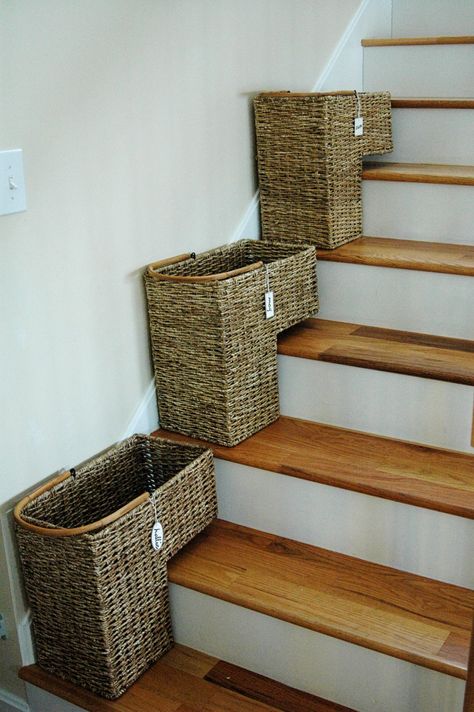 Great idea...my parents used to put all our "crap" on the steps so we had to take it up.  This is a much more organized concept Stair Basket, Stairs Renovation, Stairway Decorating, Staircase Decor, Diy Stairs, Stair Storage, Grand Staircase, Under Stairs, Staircases