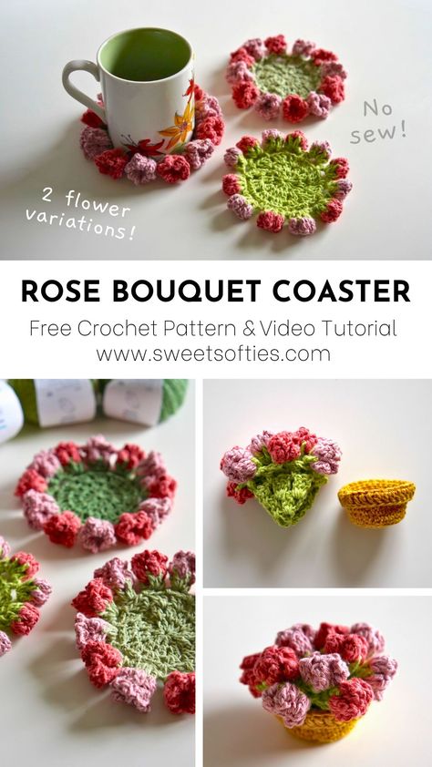 Flower Bouquet Crochet Coasters, Crochet Costers Ideas Free, Crochet Coaster Bouquet, Succulent Coaster Crochet Pattern Free, Crochet Bouquet Coaster, Crochet Flower Bouquet Coaster Free Pattern, Flower Crochet Coaster Free Pattern, Free Crochet Patterns Coasters, Succulent Coasters Crochet Free Pattern