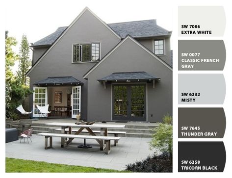 Paint colors from Chip It! by Sherwin-Williams Gray Stucco Exterior, House Paint Design, Stucco Colors, Exterior House Colors With Brown Roof, Brown Roof, Gray House, French Doors Exterior, Stucco Homes, Pintura Exterior