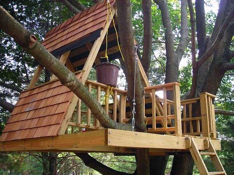 A frames are cool. And of course you need the bucket! ;O)  50 Kids Treehouse Designs Wooden Tree House, Simple Tree House, Casa Hobbit, Building A Treehouse, Tree House Plans, Tree Fort, Tree House Diy, Tree House Kids, Penelope Douglas