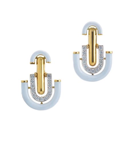 Brilliant-cut diamonds, white enamel, 18K gold, and platinum. Available in black enamel and white enamel. Shown alongside the Hero Ring. Enamel Jewelry Earrings, Enamel Gold Jewellery, Unique White Enamel Jewelry, Elegant Inlay Jewelry, Elegant White Enamel Earrings, Unique White Enamel Earrings, Luxury White Enamel Earrings, Luxury Gold Enamel Earrings, Meena Jewellery