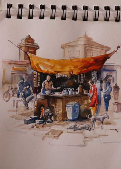 Watercolor tea stall painting Human Figures Composition, Tea Stall Composition Painting, Village Composition Drawing, Water Colour Composition Drawing, Composition Watercolor Painting, Road Side Tea Stall Drawing, Tea Stall Composition, Figure Composition Paintings, Tea Stall Painting