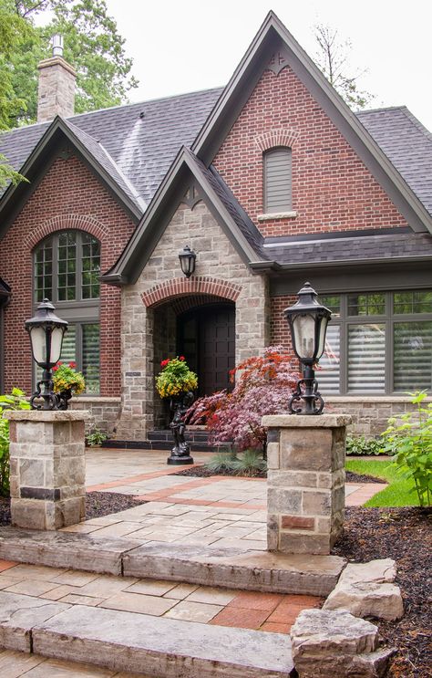 Brick House Exterior, Red Brick House Exterior, Stone Exterior Houses, Stone Ideas, Rustic Exterior, Red Brick House, Brick Exterior House, Corner House, Front Entrance